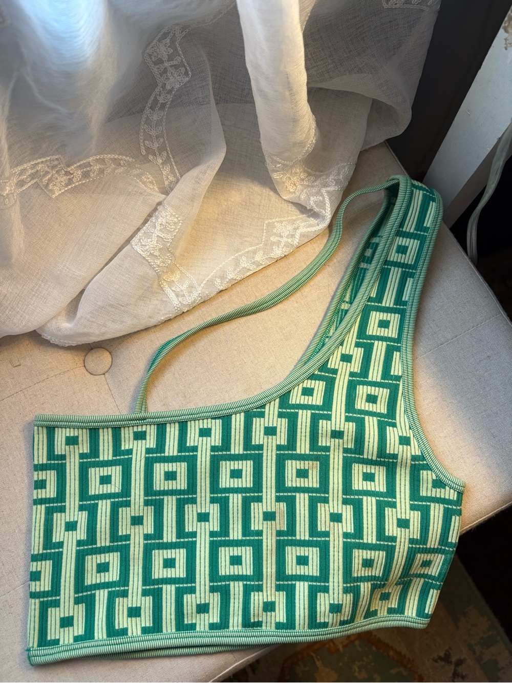 ZARA Green Geometric One-Shoulder Crop Top